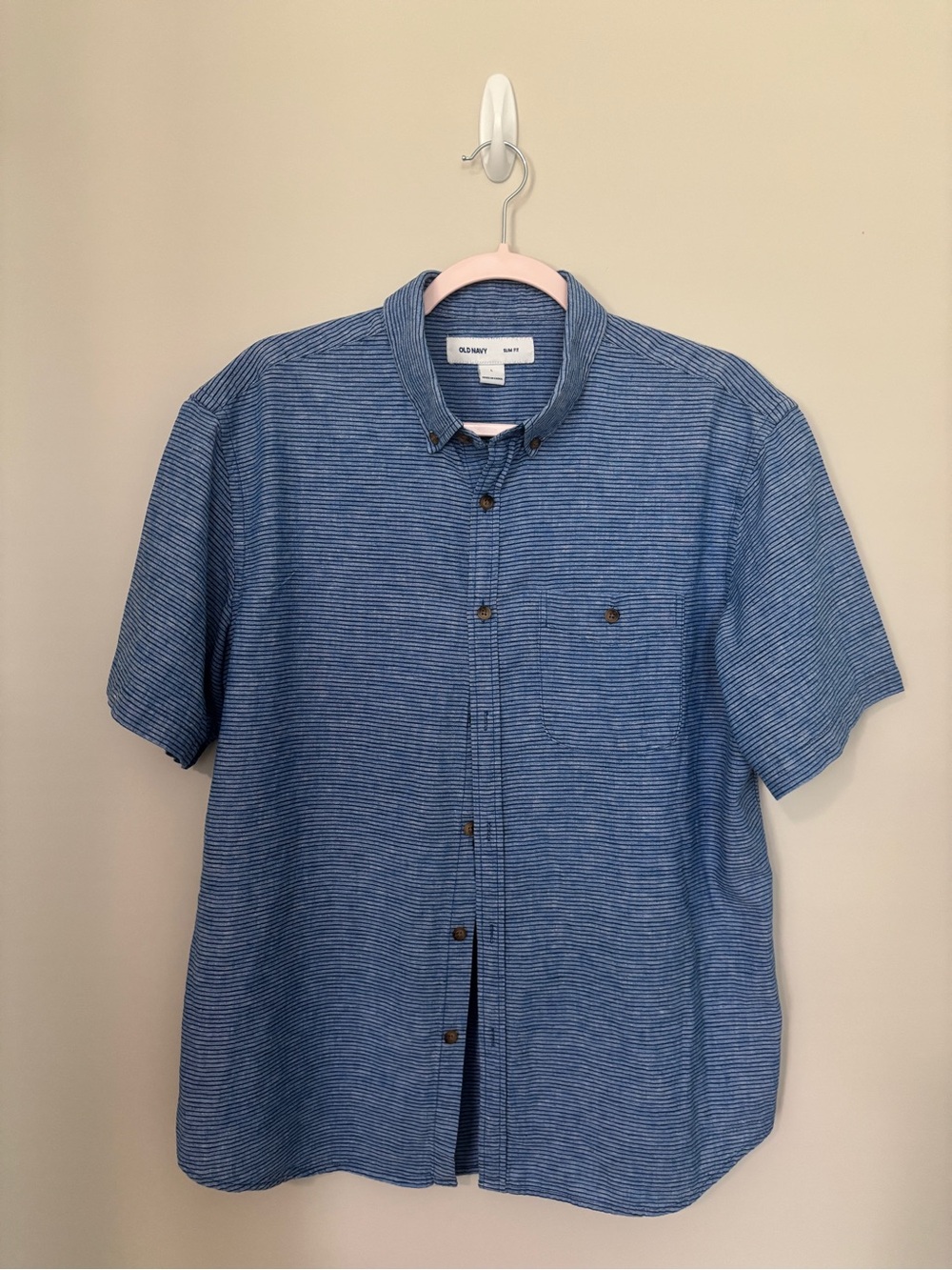 Old Navy Blue Striped Short-Sleeve Button-Down Shirt Slim Fit Size L - PTP 23”